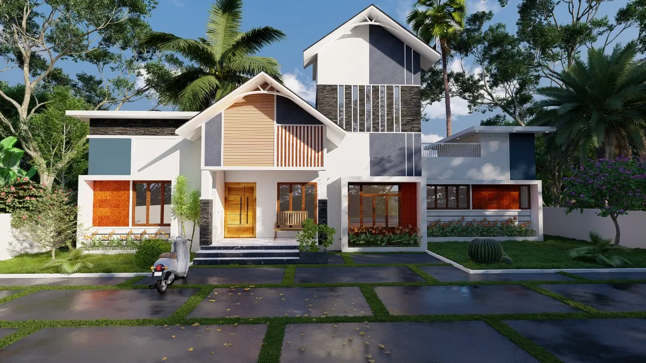 This two-story house masterfully combines modern and traditional styles with striking architectural features like contrasting gabled sections and a clean white facade. The design uses geometric panels of light wood, dark stone cladding, and vibrant blue and terracotta accents to create a visually dynamic and tropical-inspired home , HR Builders And Designers