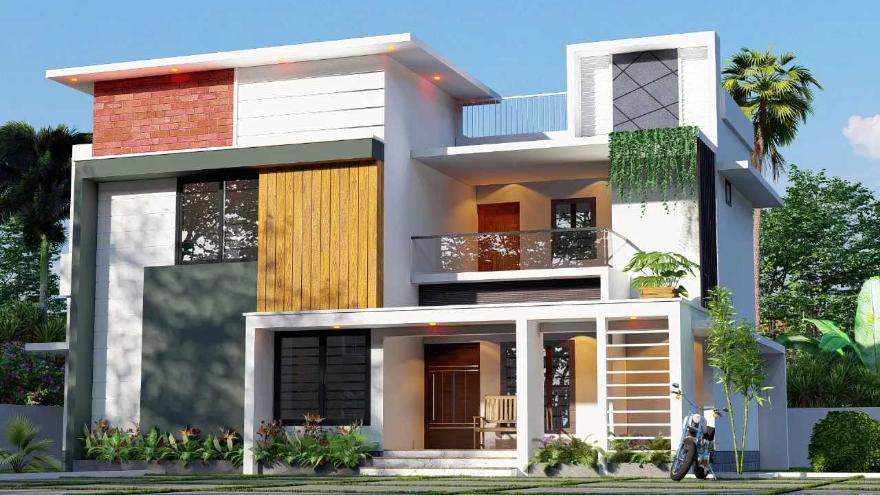  A modern contemporary two-story house with a white and grey facade, featuring a large vertical wood accent panel, a small red brick section, and a balcony with a glass railing , HR Builders and Designers
