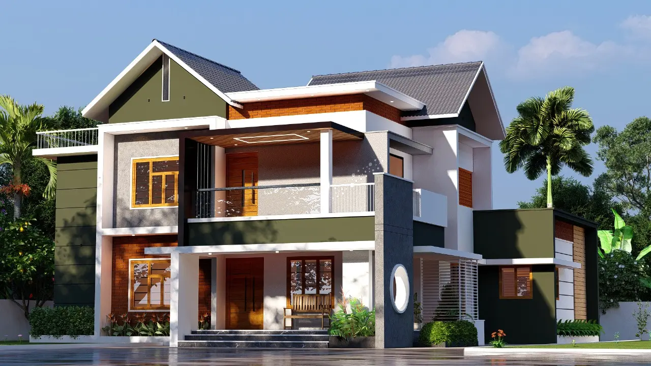 This two-story residence blends contemporary architectural forms with traditional pitched roofs, creating a unique hybrid design. The exterior is defined by a sophisticated color scheme of dark olive green, white, and grey, complemented by warm wooden accents and a prominent central balcony , HR BUILDERS AND DESIGNERS